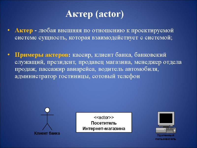 Актер (actor) Актер - любая внешняя по отношению к проектируемой системе сущность, которая взаимодействует
